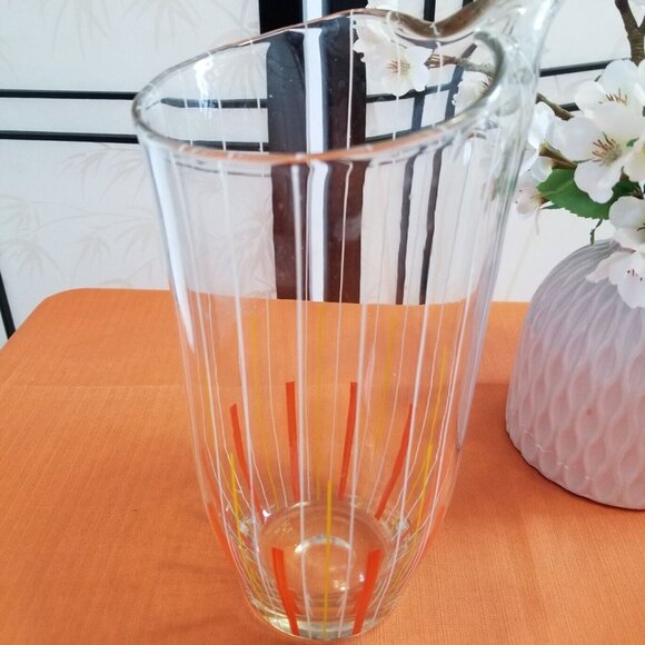 MCM Slender Glass Cocktail Pitcher w/ Orange, Yellow & White Stripes - Picture 3 of 3